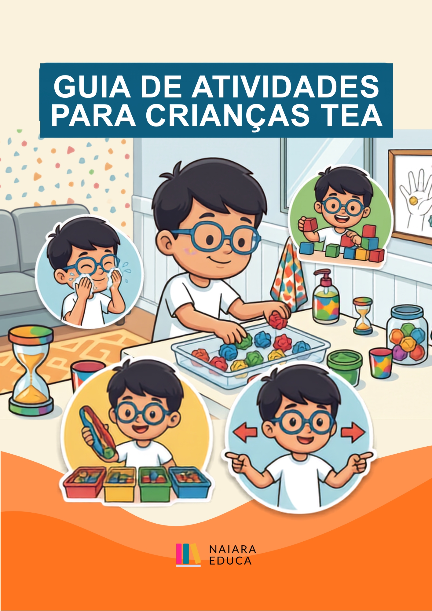 Capa do Guia de Atividades para Crianças TEA, com ilustrações do personagem em atividades do dia a dia