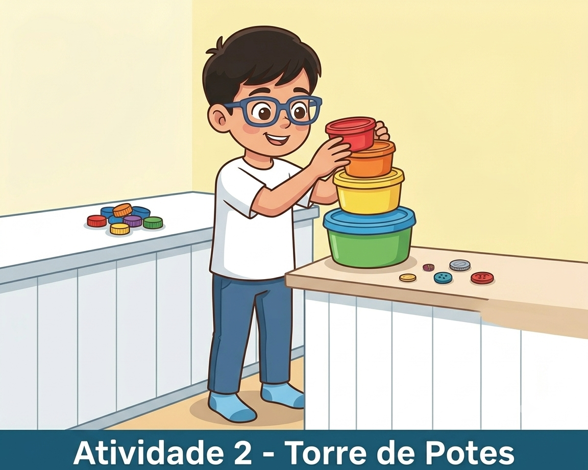 Criança empilhando potes coloridos na atividade Torre de Potes