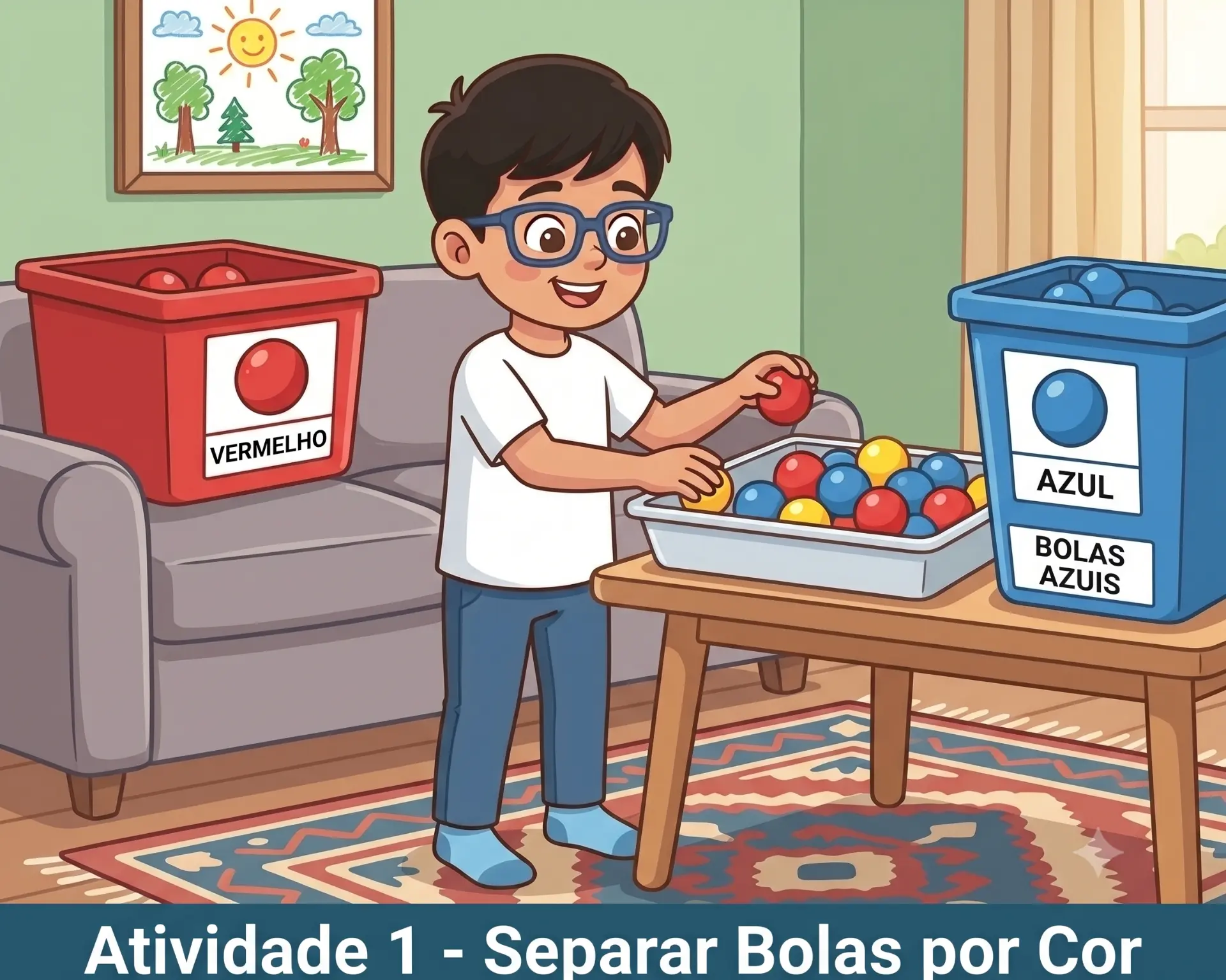 Criança separando bolas coloridas em caixas vermelha e azul na atividade Separar Bolas por Cor