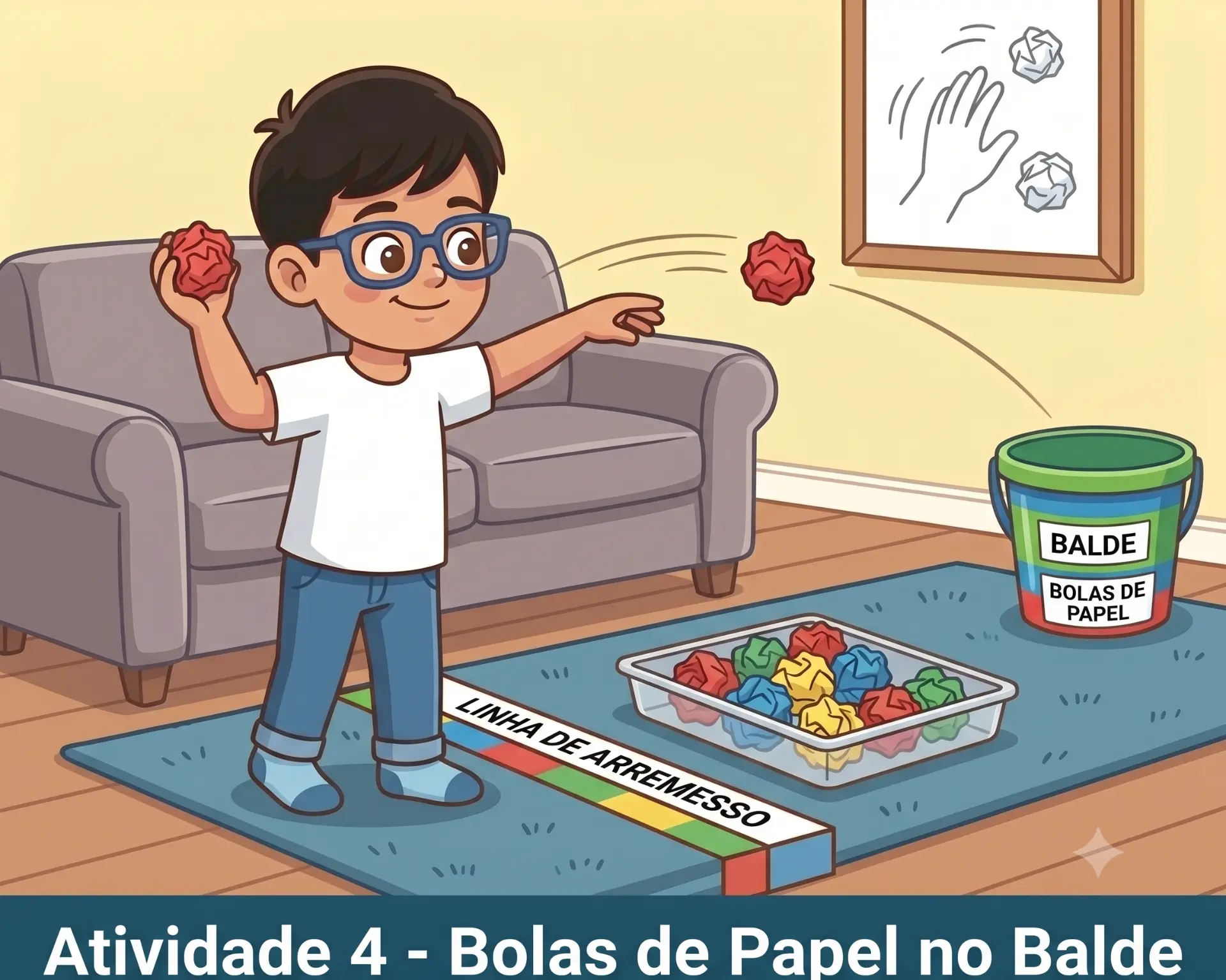 Criança arremessando bolas de papel amassado em um balde na atividade Bolas de Papel no Balde