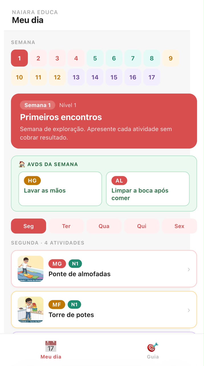 Tela do app de consulta mostrando a Semana 1, os AVDs da semana e as atividades do dia